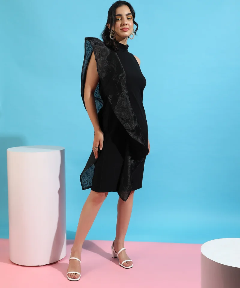 Pinacolada  Women's Obsidian Black Asymetrical Dress With Organza Detail For Casual Wear | Mock Neck | No Sleeves | Zipper Closure | Dress Designed With Comfortable Fit For Woman & Girls for Women | Best Price UAE